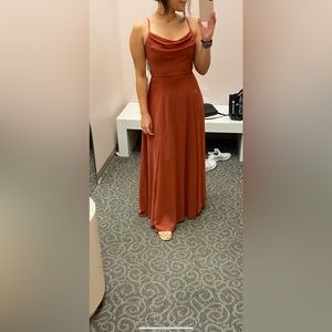 Cowl neck cinnamon chiffon dress David’s Bridal